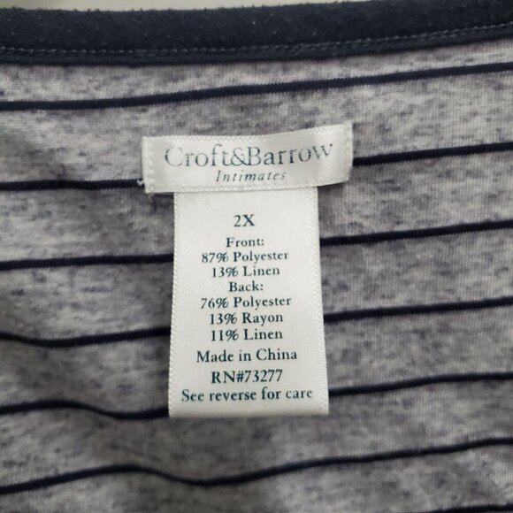 Croft & Barrow Woman's Gray Navy Mixed‎ Print Linen Blend Pocket PJ Tee Plus 2X - Picture 3 of 4